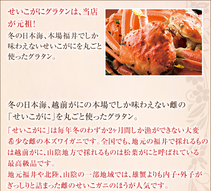 せいこ蟹のグラタンは当店が元祖！冬の日本海、本場でしか味わえない本ズワイガニの雌の「せいこがに」を丸ごと使ったグラタン。